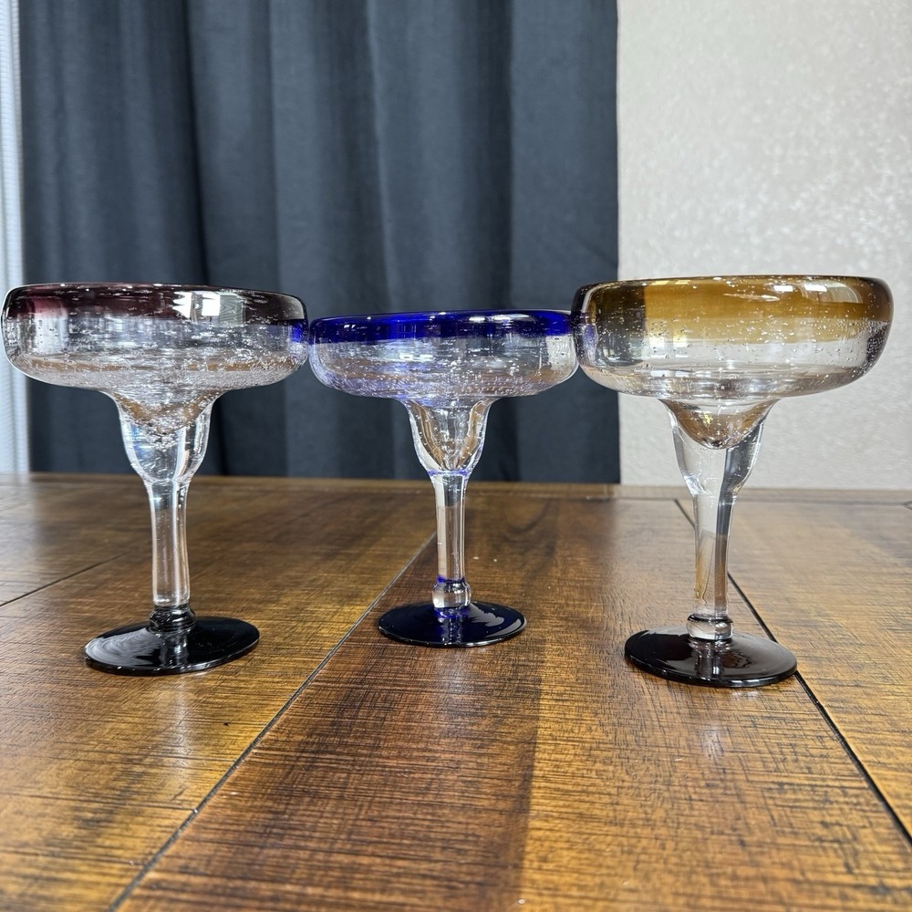 Set of 3 Thick and Heavy Hand blown Margarita Glasses Made In Mexico Tri Color